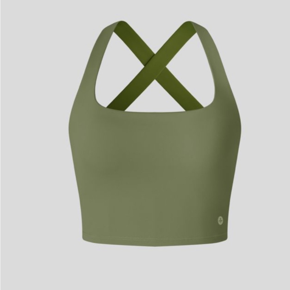 Halara Cropped Tank Top XL Crisscross Sports Bra Cool Touch Olive Green Yoga NWT
